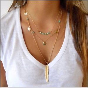 Layered gold turquoise dainty long feathernecklace